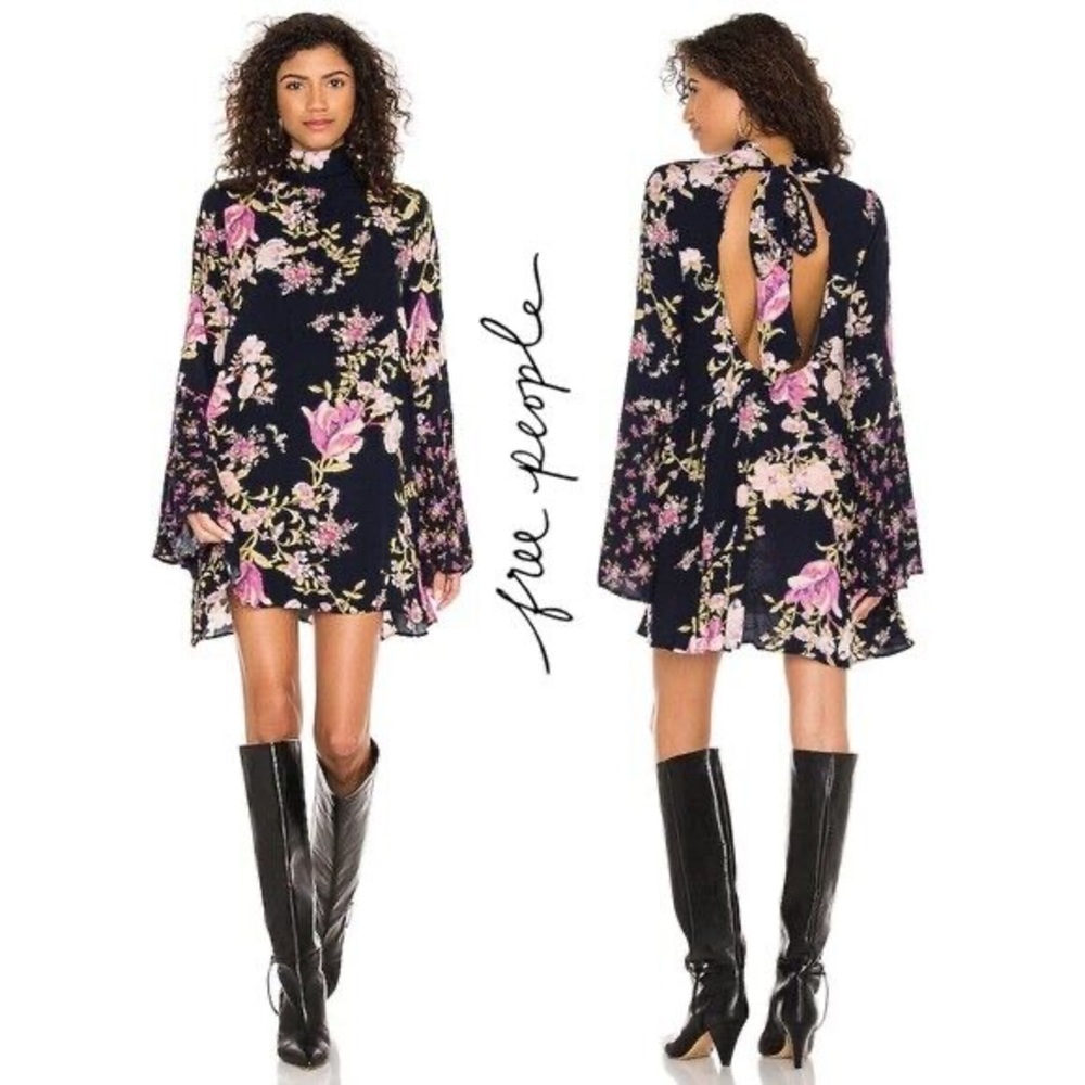 Free People NWT Tate Tunic Bell Sleeve Mini Dress in Midnight Combo Size Medium